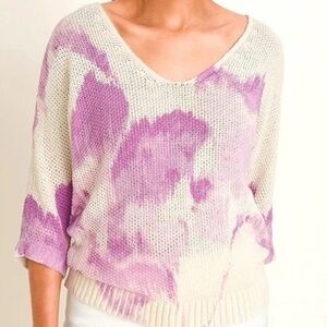 CHICO’S  Floral Cotton Linen Vneck 3/4 Sleeves Romantic Sweater Size 1 US M